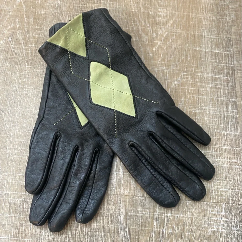 Altare Black Leather Gloves Womens S Argyle Green Contrast Lined Winter Driving